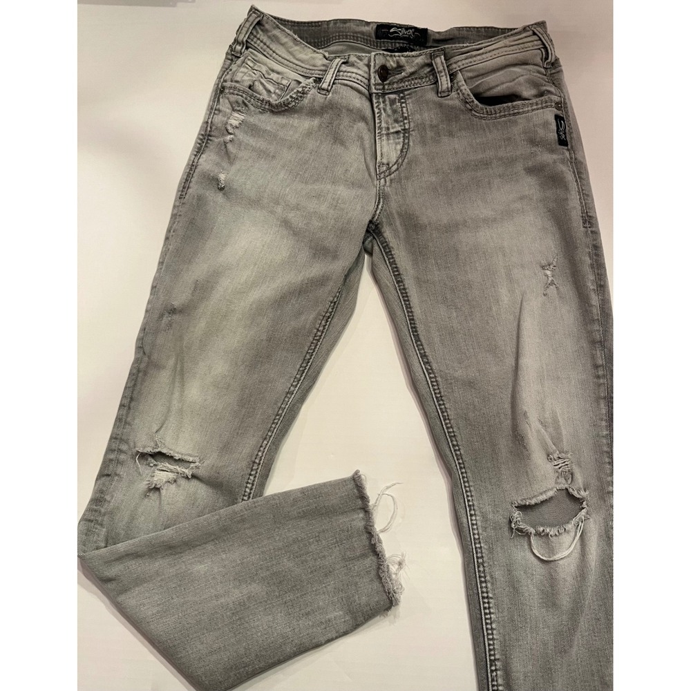 Silver Jeans Co Kenni Mid Rise Slim Boyfriend Grey Distressed Jeans W28 L27